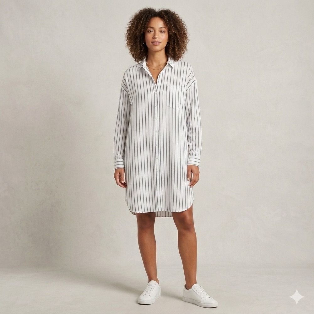 Banana Republic Striped Oversized Shirt Dress Button Front Cotton White Medium